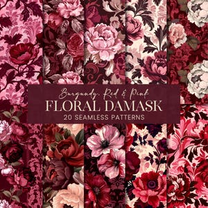 Motivi senza soluzione di continuità con damasco floreale bordeaux, carte per album di ritagli di San Valentino rosso e rosa, sfondi digitali stampabili botanici in stile pop art
