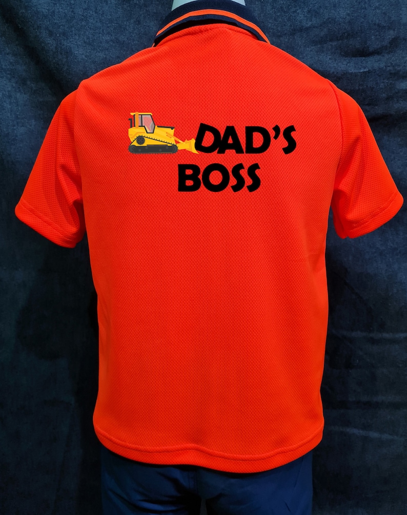 Dad's Boss Name on pocket : Kid Hi-Vis Polo Orange