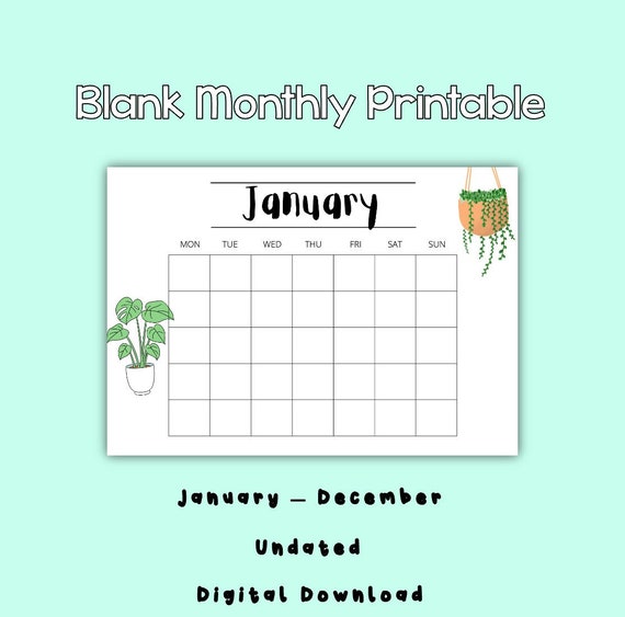 Blank Monthly Printable Digital Download PDF Horizontal - Etsy