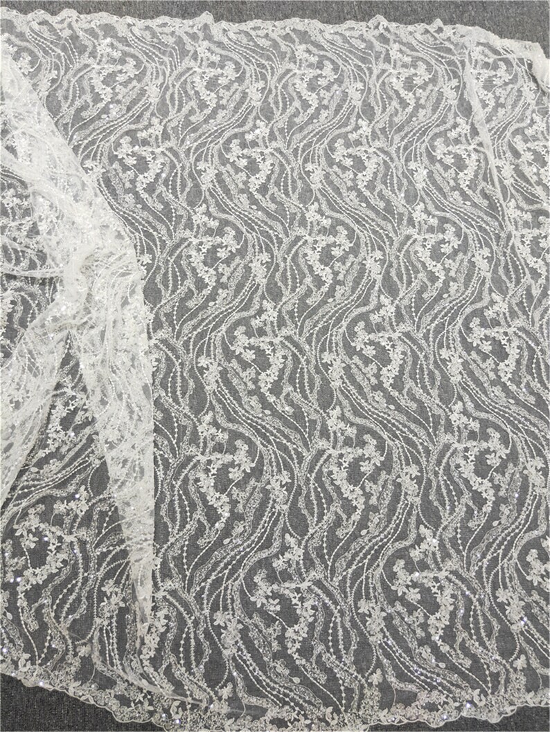 Bridal Lace Fabric 3D Beaded Lace Sequin Lace Tulle Lace,Wedding Dress Lace Fabric Floral Lace Fabric Sell By The Yard
