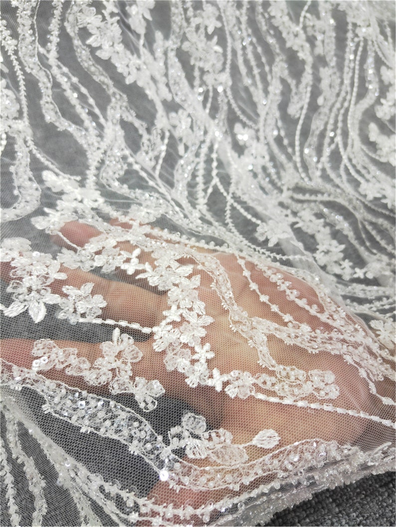 Bridal Lace Fabric 3D Beaded Lace Sequin Lace Tulle Lace,Wedding Dress Lace Fabric Floral Lace Fabric Sell By The Yard
