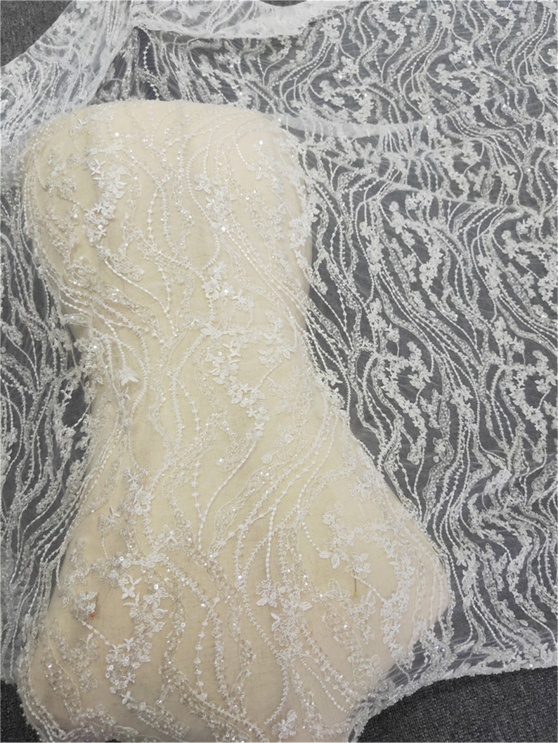 Bridal Lace Fabric 3D Beaded Lace Sequin Lace Tulle Lace,Wedding Dress Lace Fabric Floral Lace Fabric Sell By The Yard