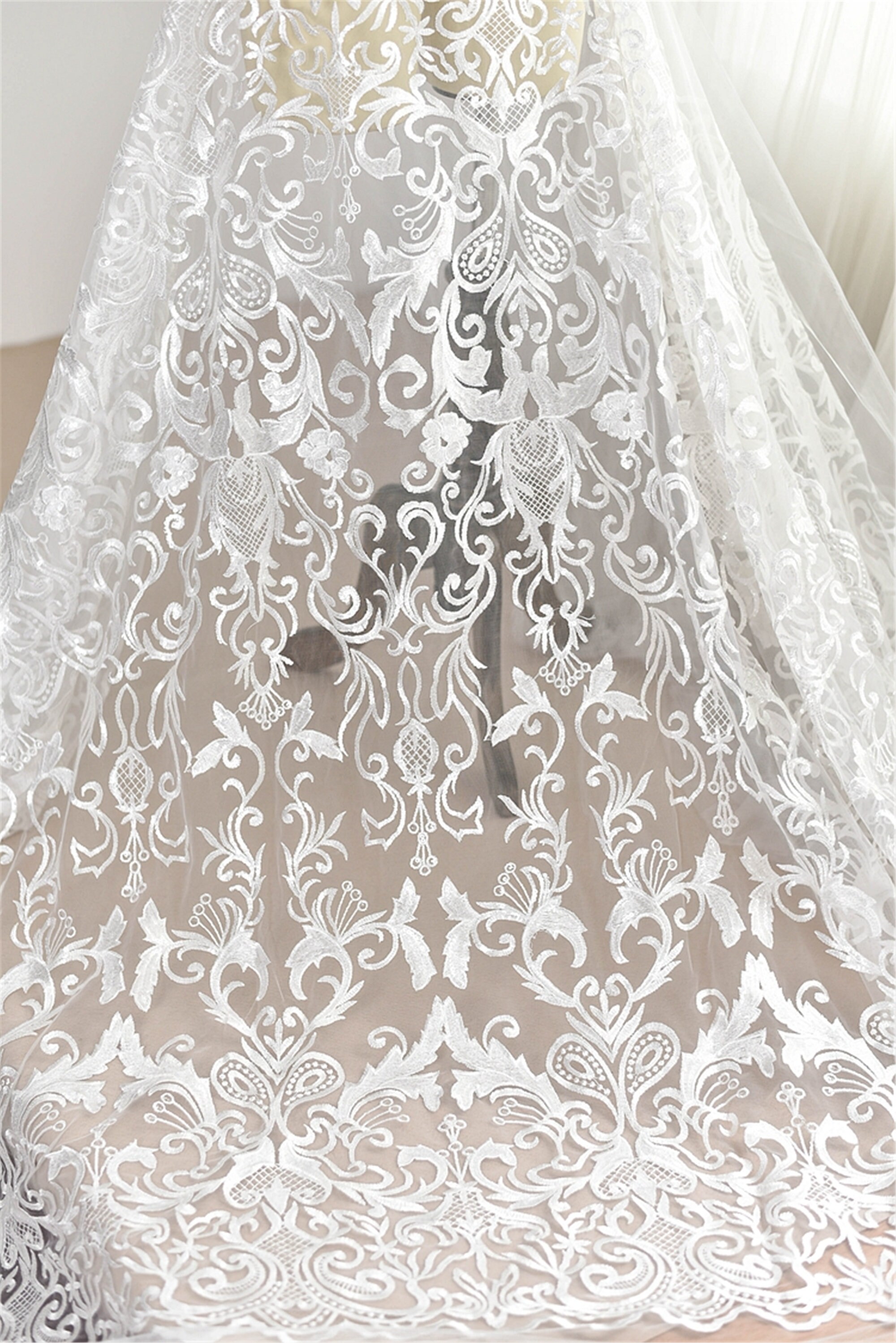 51" Wide Beaded Wedding Lace Fabric Floral Embroidery Corded Bridal Veils 1 Y 51" Wide Beaded Wedding Lace Fabric Floral Embroidery Corded Bridal Veils 1 Y