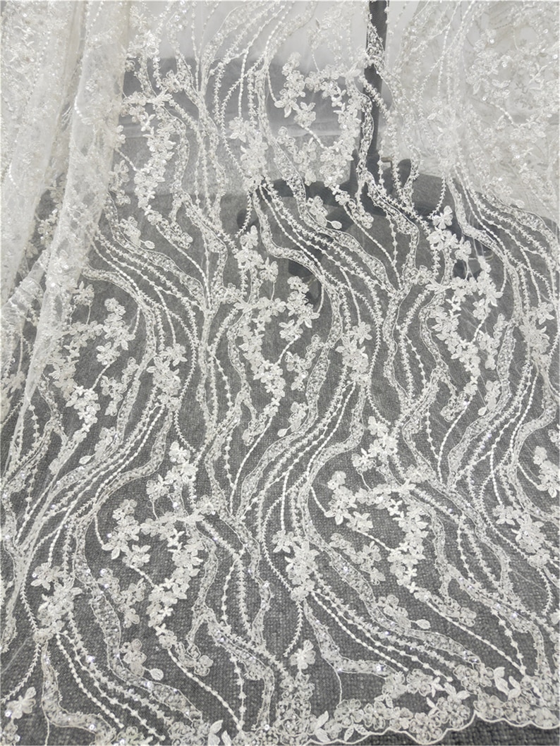 Bridal Lace Fabric 3D Beaded Lace Sequin Lace Tulle Lace,Wedding Dress Lace Fabric Floral Lace Fabric Sell By The Yard