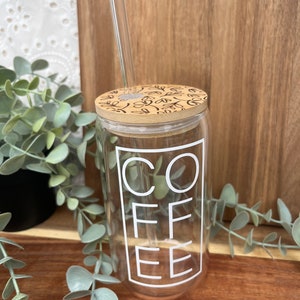 Glass Coffee Cup with Engraved Bamboo Lid