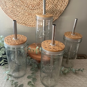 Glass Mason Jar 24 oz Cup with Engraved Bamboo Lid and Stainless Steel Straw