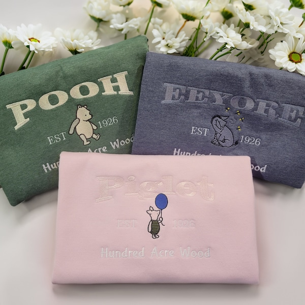 Classic Winnie The Pooh Collection | Embroidered Crewneck Sweater Featuring Pooh, Eeyore, and Piglet