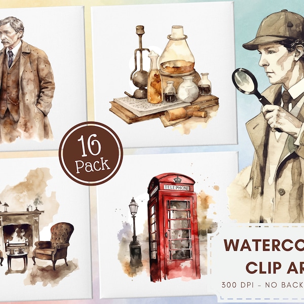Sherlock Holmes Watercolor Clipart Pack | 300 DPI PNG File | Digital Clipart Pack