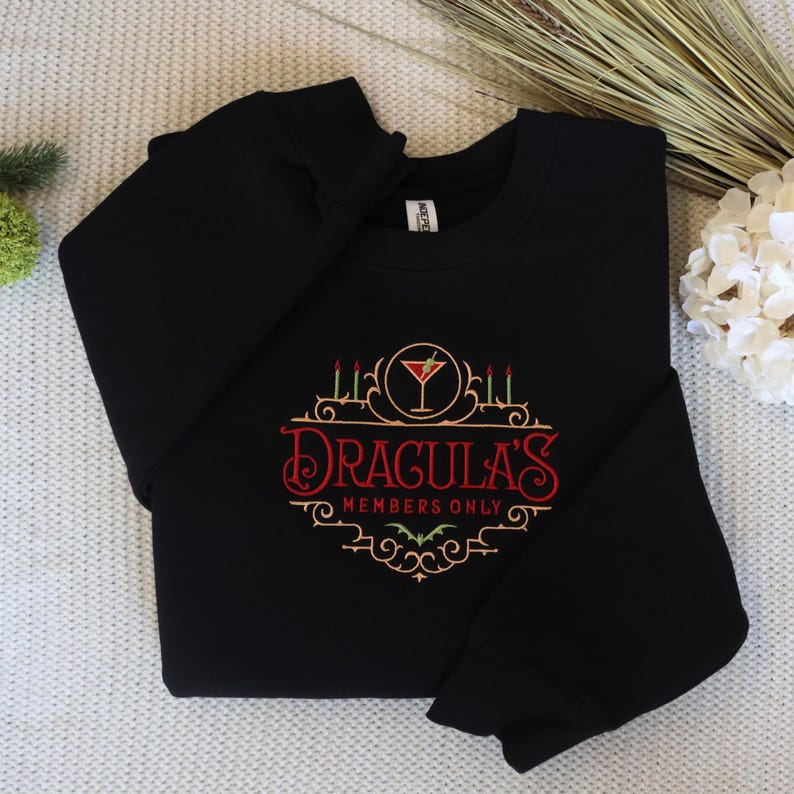Dracula embroidery on an adult crewneck
