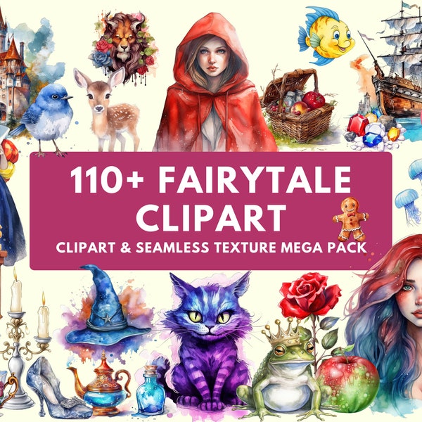 Märchen Aquarell Clipart 110+ Pack | Aschenputtel, Rapunzel, Schneewittchen, Die kleine Meerjungfrau | 15+ Nahtlose Texturen 95+ Clipart-Bilder von
