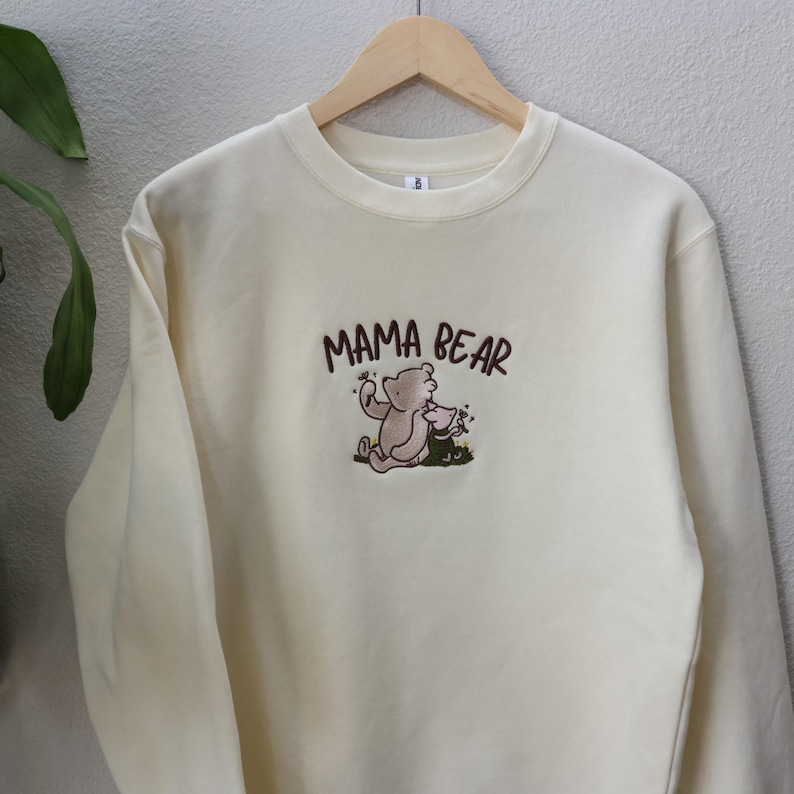 Mama Bear Arched Lettering Embroidered Crewneck & Hoodie in Bone