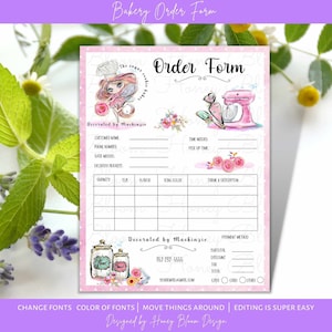Könnte beinhalten: Rosafarbenes Bestellformular für eine Bäckerei mit einem Cartoon-Koch und einem Mixer. Das Formular enthält Abschnitte für Kundeninformationen, Bestelldetails und Zahlungsmethode. Der Text "Decorated by Mackinzie" erscheint oben und unten auf dem Formular.