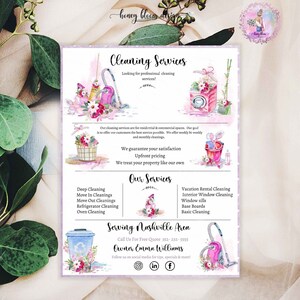 Puede incluir: Un folleto de estilo acuarela para servicios de limpieza. El diseño presenta un aspirador rosa, una lavadora y otras imágenes relacionadas con la limpieza. El texto incluye detalles del servicio, información de contacto y enlaces de redes sociales.