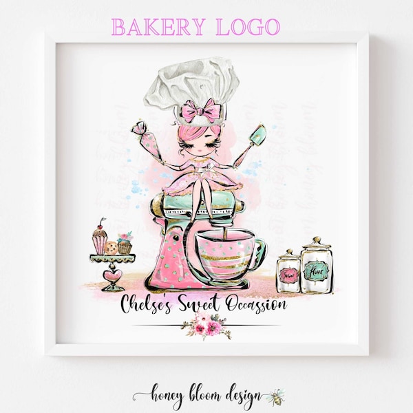 Gâteaux Cookie Bakery Logo, Entreprise de marque de boulangerie, Logo de boutique de boulangerie personnalisé, Cutie aux cheveux roses sur le mélangeur, Icônes de cupcakes du mélangeur, Spécialités