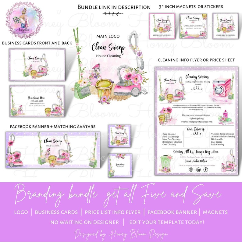 Vacuum Cleaning Logo, Cleaning Supplies Logo, Colorful Cleaning Service Logo, Pink Green Floral Cleaning Icons Logo,Housekeeping, Clean S image 3