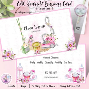 Vacuum Cleaning Business Card , Cleaning Supplies Card, Colorful Cleaning Service Card, Pink Green Floral Cleaning Icons Business Must have