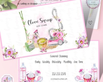 Vacuum Cleaning Business Card , Cleaning Supplies Card, Colorful Cleaning Service Card, Pink Green Floral Cleaning Icons Business Must have