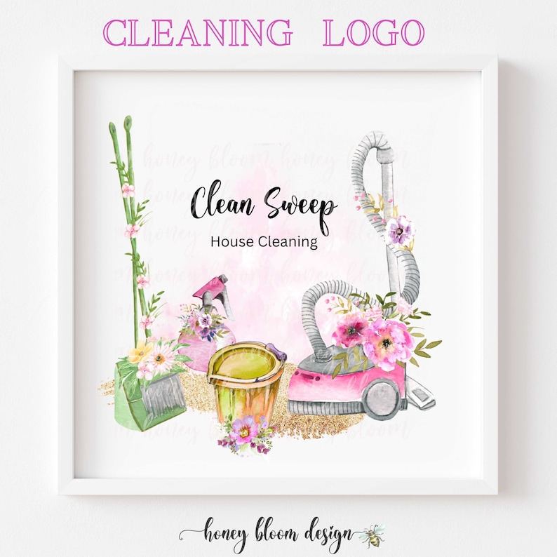 Vacuum Cleaning Logo, Cleaning Supplies Logo, Colorful Cleaning Service Logo, Pink Green Floral Cleaning Icons Logo,Housekeeping, Clean S image 4