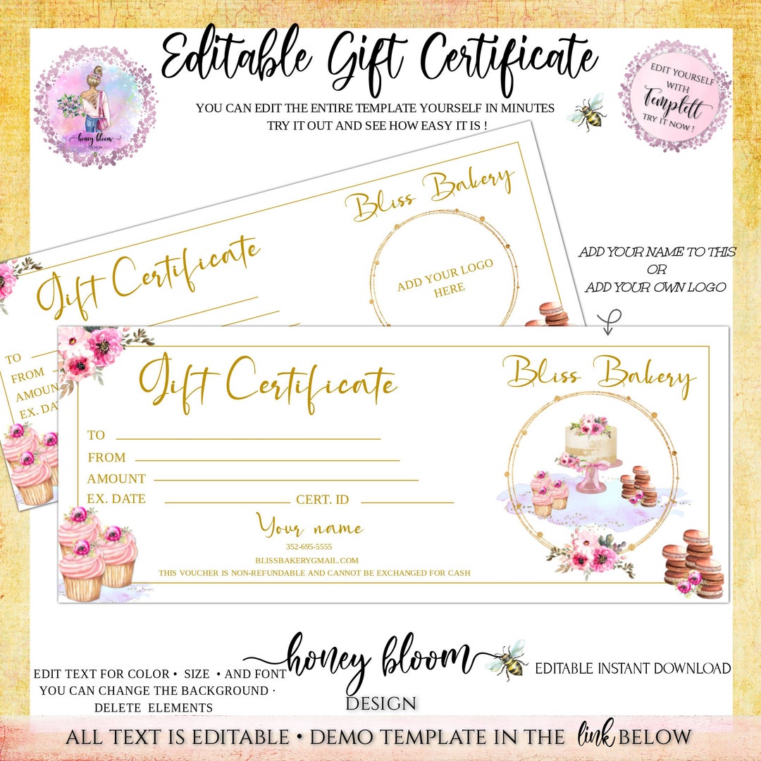 Cake Bakery Gift Voucher, Add Your Logo to Voucher, Gift Certificate