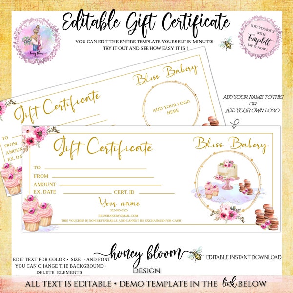 Cake Bakery Gift Voucher, Add Your Logo To Voucher, Gift Certificate Bakery Cake Shop, Cupcake Shop,Cake Cookie Bake Shop Gift Voucher,Bliss