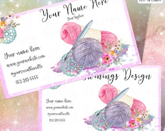 Pink Crochet Business Card, Needlework Business Card, Crochet Yarn Needle Card, Pink Blue Purple Card, Pink Green Floral Crochet Icons