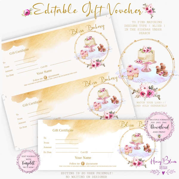 Bakery Gift Voucher Add Your Logo To Voucher, Gift Certificate Bakery Cake Shop, Cupcake Shop, Cake Cookie Bake Shop Gift Voucher,Bliss