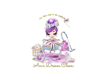 Glam Mädchen-Reinigungs-Logo, lila Haar-Mädchen-Logo, buntes Reinigungs-Service-Logo, rosa lila Blumen, Vakuum-Werkzeug-Haus, das Glitzer-Text hält