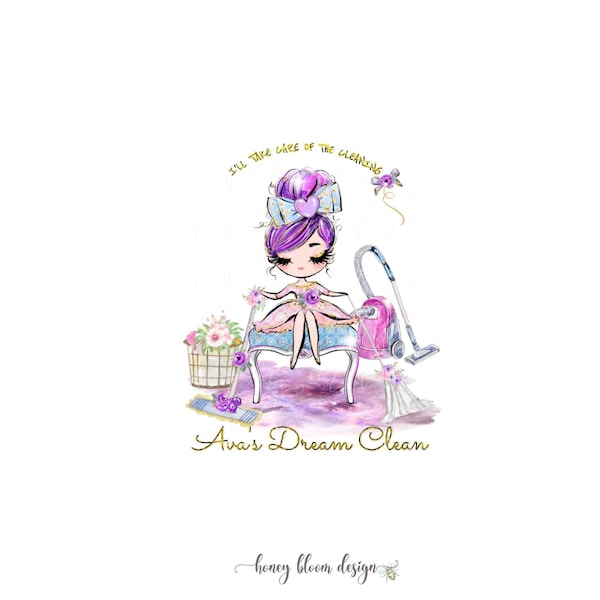 Glam Girl Cleaning Logo, Purple Hair Girl Logo, Colorful Cleaning Service Logo, Pink Purple Floral, Vacuum Tools House Keeping Glitter Text