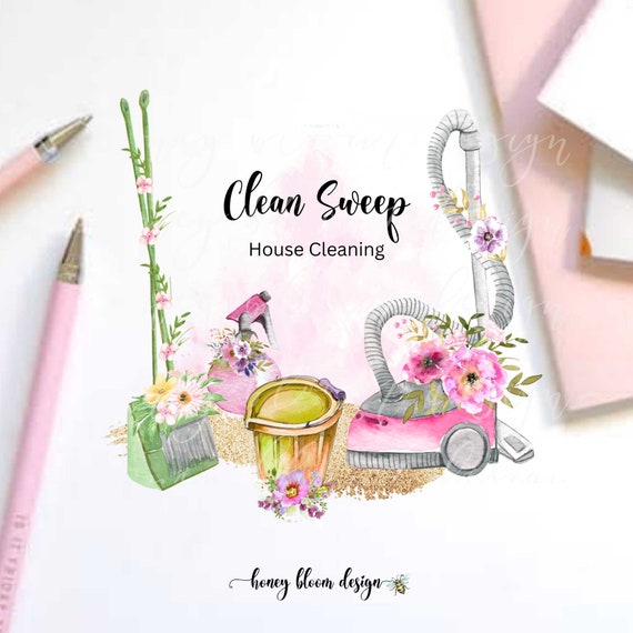 Vacuum Cleaning  Logo, Cleaning Supplies Logo, Colorful Cleaning Service Logo, Pink Green Floral Cleaning Icons Logo,Housekeeping, Clean S