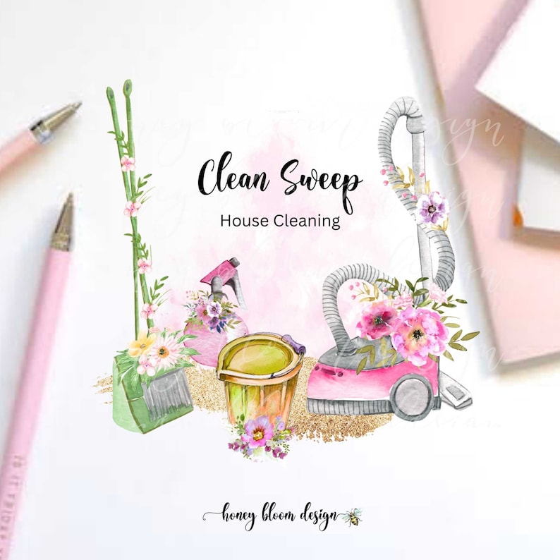 Vacuum Cleaning Logo, Cleaning Supplies Logo, Colorful Cleaning Service Logo, Pink Green Floral Cleaning Icons Logo,Housekeeping, Clean S image 1