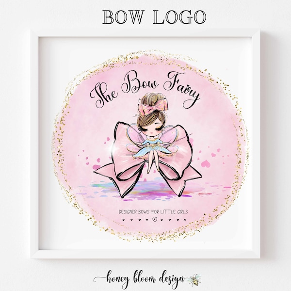 Handmade Bow Logo, You Choose Hair Skin Color, Sewing Girls Bow Shop Premade Logo, Etsy Shop Bow Logo, Pink Purples Circle Bow Logo,Adorable