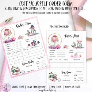 May include: Two pink order forms with watercolor illustrations of cakes, baking scales, and floral accents. Text includes "Edit Yourself Order Form" and "2 Designs Included". The forms are designed for a bakery.