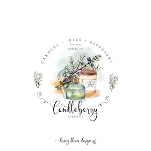 May include: A watercolor illustration of a logo for a candle company called "Candleberry Candle Co." The logo features a green glass bottle with a dropper, a jar of cream, and a sprig of juniper berries. The text "Candles, Oils, Diffusers" is written in a circle around the image. The text "Est. 2021 Naples, Fl" is written below the word "Oils". The text "honey bloom design" is written below the logo.