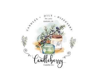 Candles Oil Diffusers Logo, Blue Bottle Scented Oils Logo, Sweet Scents Candle Logo, Juniper Berries Leaves Candle, Beautiful Logo,CandleB