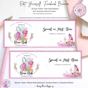 May include: A Facebook banner template with a pink border, featuring watercolor illustrations of cleaning supplies and floral accents. Text includes "Clean Club" and "Special on First Clean". The banner is designed for house keeping services.