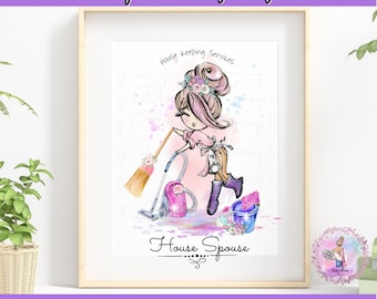 Vacuum Cleaning  Logo, Cleaning Supplies Logo, Colorful Cleaning Service Logo, Pink Blue Floral, Women Holding Vacuum, House Keeping Logo