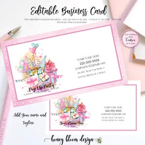 Suprimentos para organizadores de eventos e festas, cartões de visita, caixas coloridas, balões e chapéus de festa, materiais para organização de festas com balões, editar agora