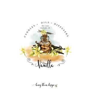 May include: A watercolor illustration of a bottle of vanilla oil with vanilla beans and flowers. The text "Candles. Oils. Diffusers. Est. 2021 Naples. Fl. Vanilla" is written in a circle around the bottle. The text "honey bloom design" is written below the bottle.