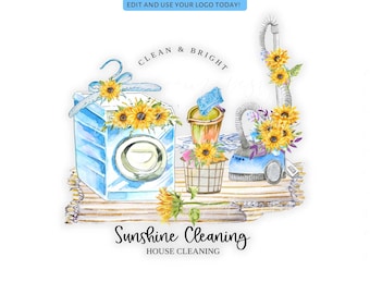 Sunflower Staubsauger Logo |Waschmaschinen-Reinigungszubehör Logo | Buntes Reinigungsservice-Logo | Sonnenblume Reinigung Symbol | DIY Sonnenblume