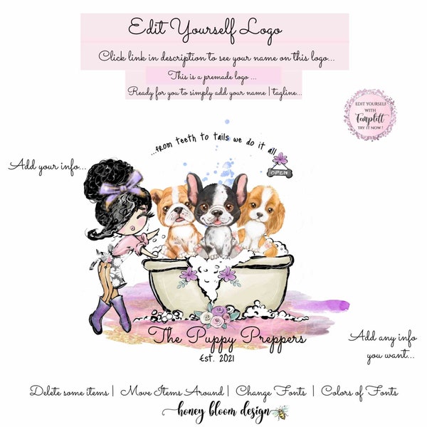 Curly Hair Girl Grooming Logo, Posh Pets In Tub , Adorable Puppy Logo, Cute Dogs  Logo, Fancy Groomer, Sweet Pets Logo