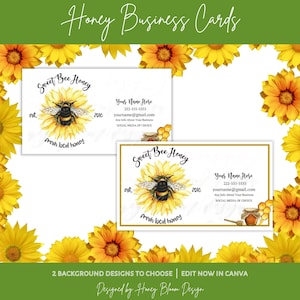 Può includere: Biglietti da visita con un design floreale con un'ape ad acquerello su un girasole. I biglietti riportano "Sweet Bee Honey" e includono le informazioni di contatto. Il design è incorniciato da fiori gialli e il testo "2 BACKGROUND DESIGNS TO CHOOSE | EDIT NOW IN CANVA".