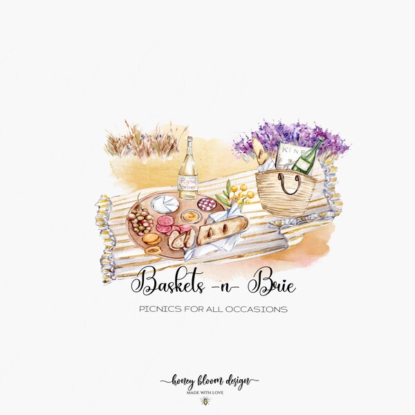 Picnic Charcuterie Watercolor Logo, Basket Brie Cheese Tray Logo, Wine Event Picnics Logo,  Cheese Fruit Wine Picnic Outdoor Logo, BasketsB