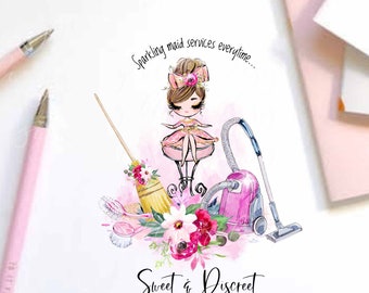 Brünett Mädchen Staubsauger Logo, Reinigung Zubehör Logo, Bunte Reinigung Service Logo, Rosa Blumenreinigung Icons Logo, Haushalt