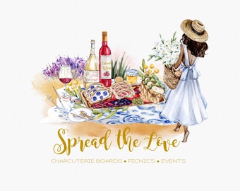 Logotipo de acuarela de charcutería de picnic, logotipo de bandeja de dulces de sándwiches, logotipo de picnics de eventos gourmet, logotipo especial personalizado de picnic al aire libre, amor difundido