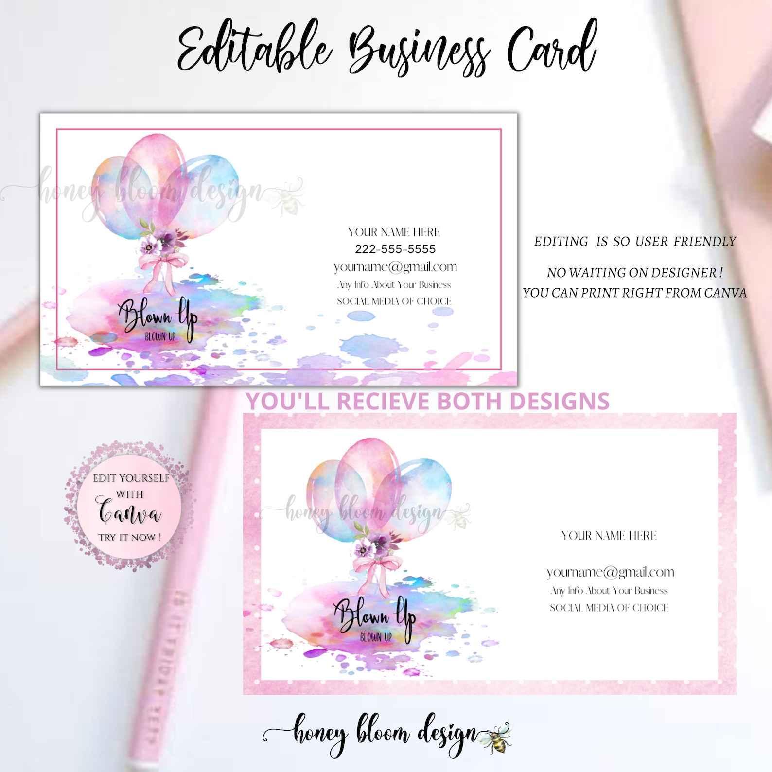 Balloon Bouquet Colorful Business Card Template You Edit Etsy UK