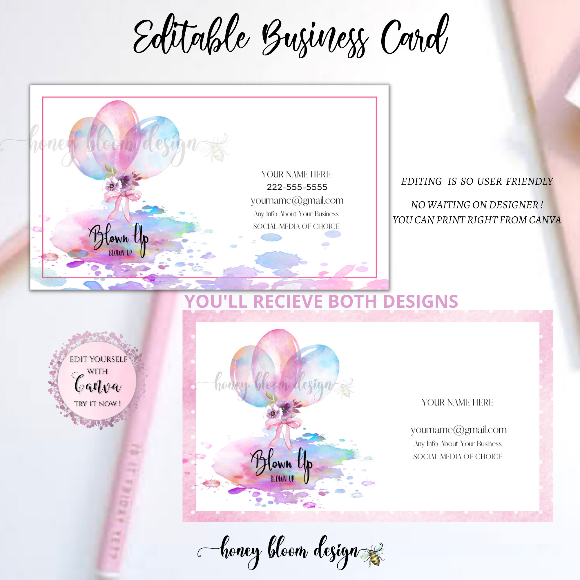 Balloon Bouquet Colorful Business Card Template You Edit Etsy UK