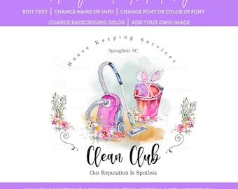 Colorful Cleaning Logo | Pink Vacuum Bucket With Cleaning Tools | Circle Cleaning Logo | Cleaning Icons Logo | Floral Clean Logo | DIY Logo