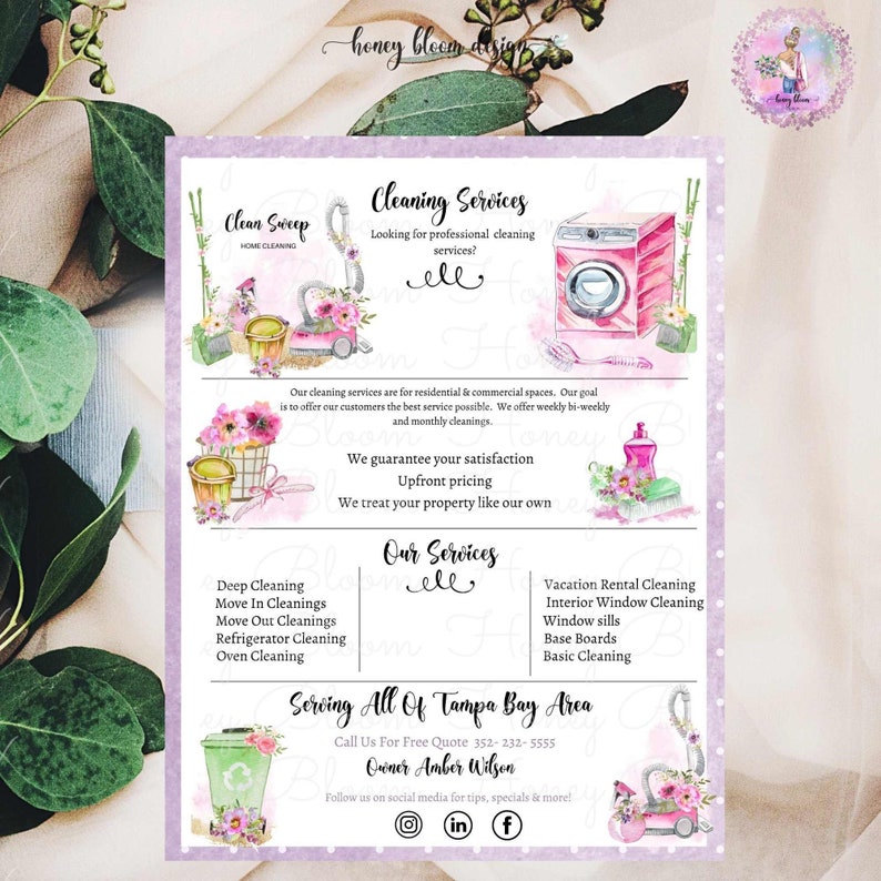 Vacuum Cleaning Logo, Cleaning Supplies Logo, Colorful Cleaning Service Logo, Pink Green Floral Cleaning Icons Logo,Housekeeping, Clean S image 5
