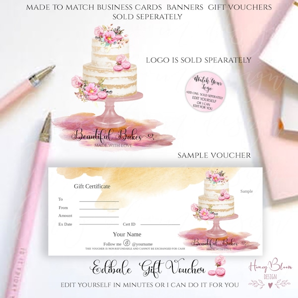 Bakery Gift Voucher Add Your Matching Logo To Voucher, Gift Certificate Bakery Cake Shop, Cupcake Shop, Cake Cookie Bake Shop Gift Voucher