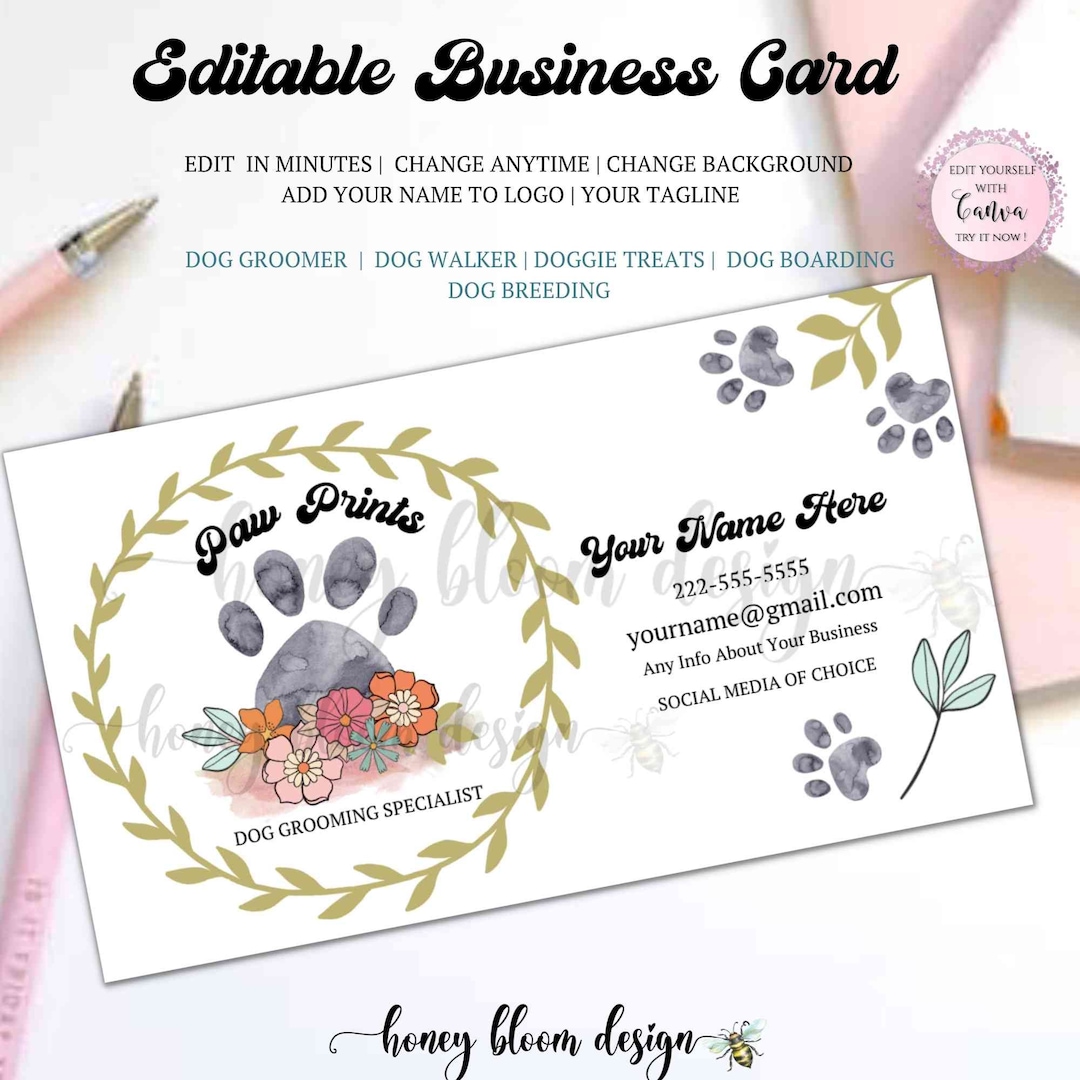dog-business-card-editable-template-modern-fonts-dog-paw-add-your-name-to-card-paw-prints-retro-floral-dog-groomer-walker-boarding-etsy
